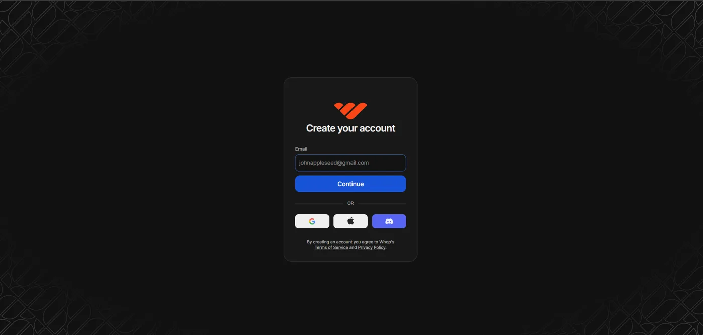 Skutečná registrační stránka Whop