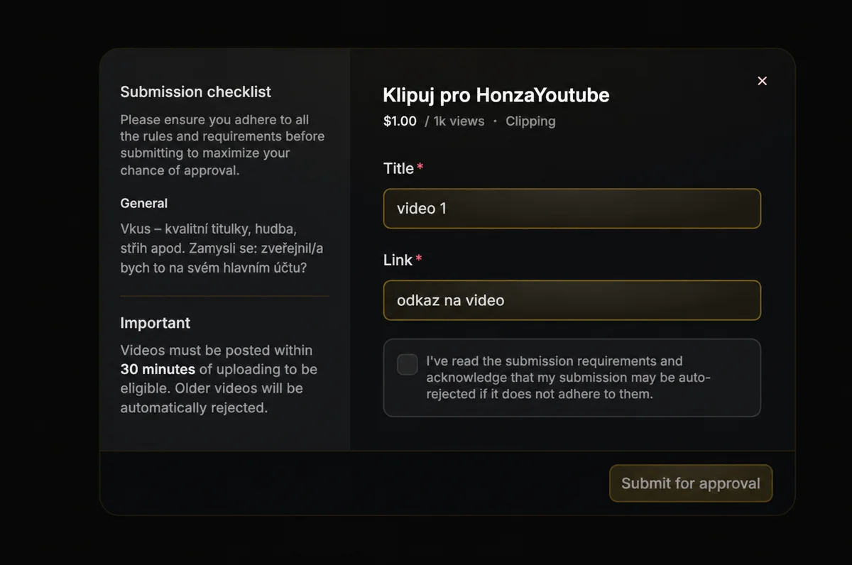 Ukázka odeslání klipu v kampani Klipuj pro HonzaYoutube